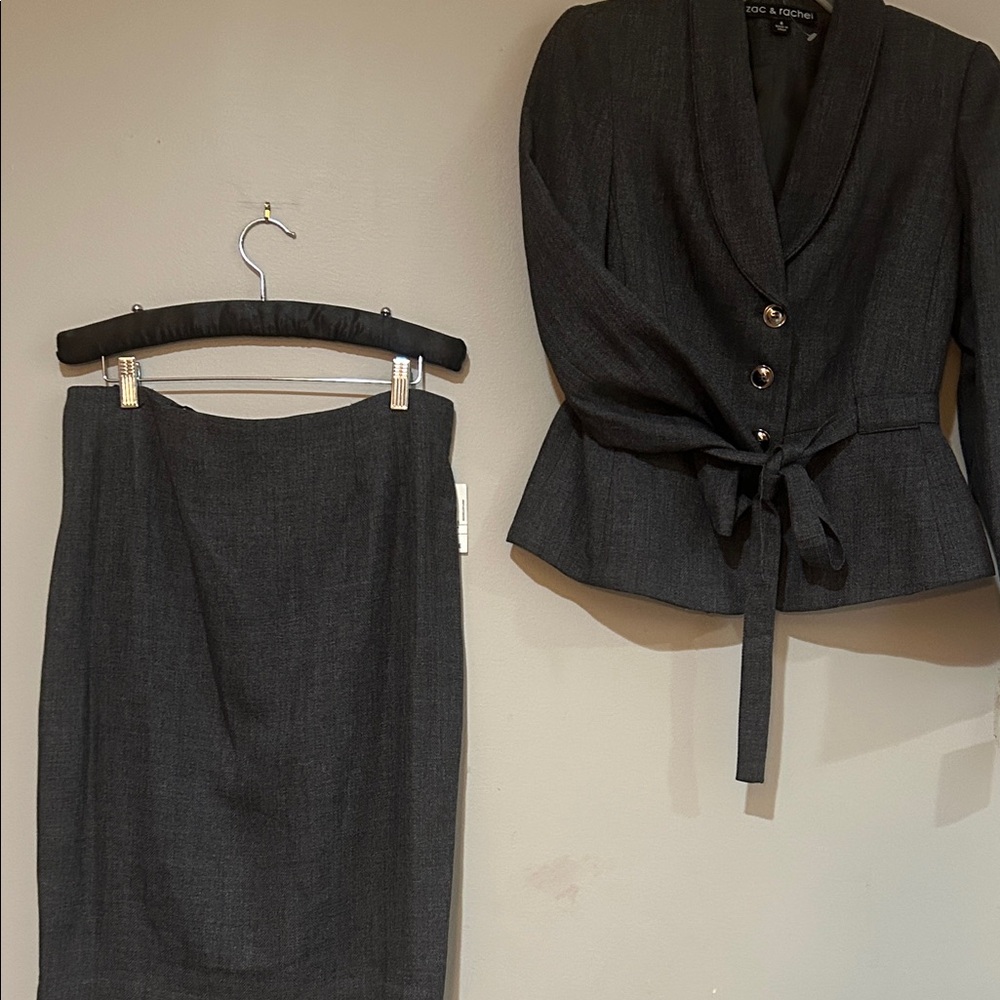 Zac & Rachel Dark Gray, belted Blazer/skirt suit. New with some tags
